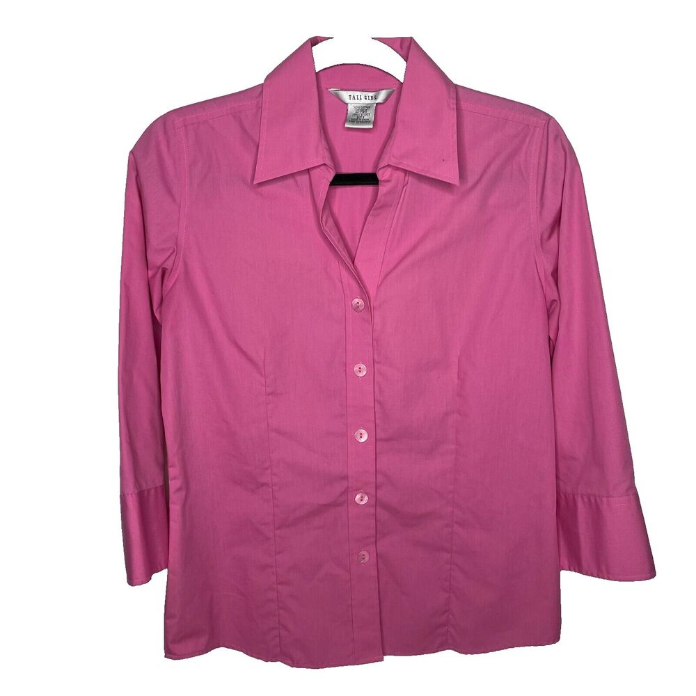 Tall Girl Womens Button up 3/4 sleeve top Pink size 8 Church Career Work Fitted